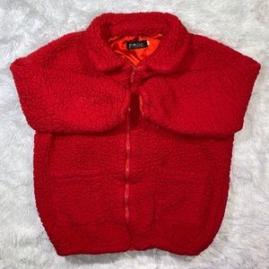 RED TEDDY ZIP UP SWEATER